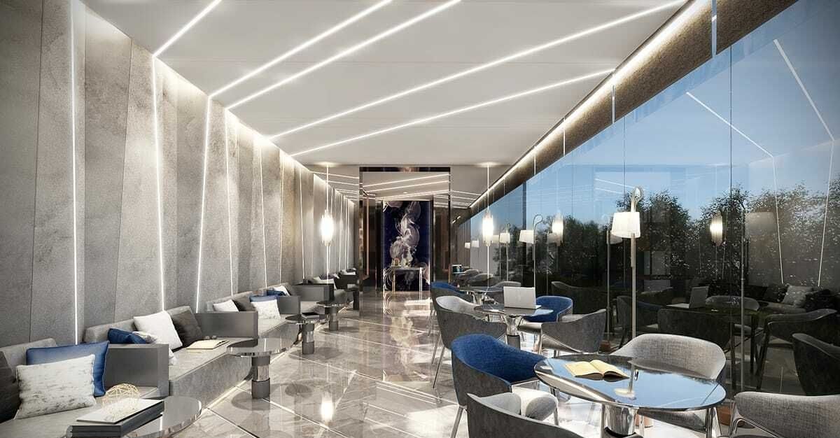 Park Origin Phayathai — lounge corridor with panoramic glazing